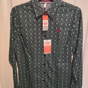 Cinch Women's Black and Teal Geometric Shirt